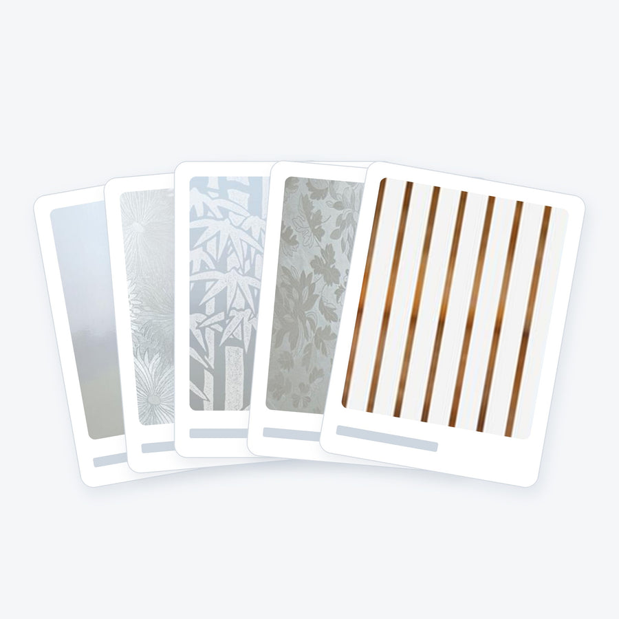 Decorative window film sample cards: frosted, bamboo, stripe and flower patterns