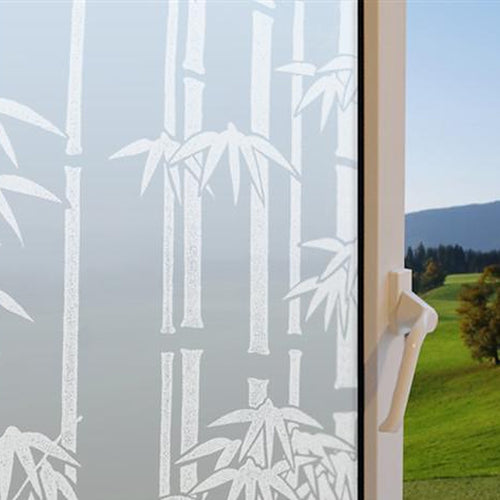 Bamboo Frost window film on a window, with clear glass beside it