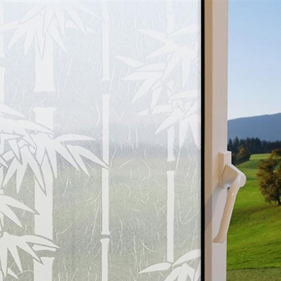 Bamboo Rice Paper window film on a window, with clear glass beside it