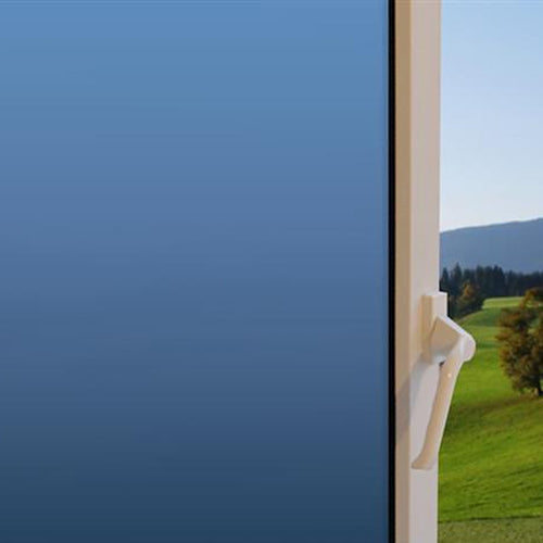 Blue Matte window film on a window, with clear glass beside it