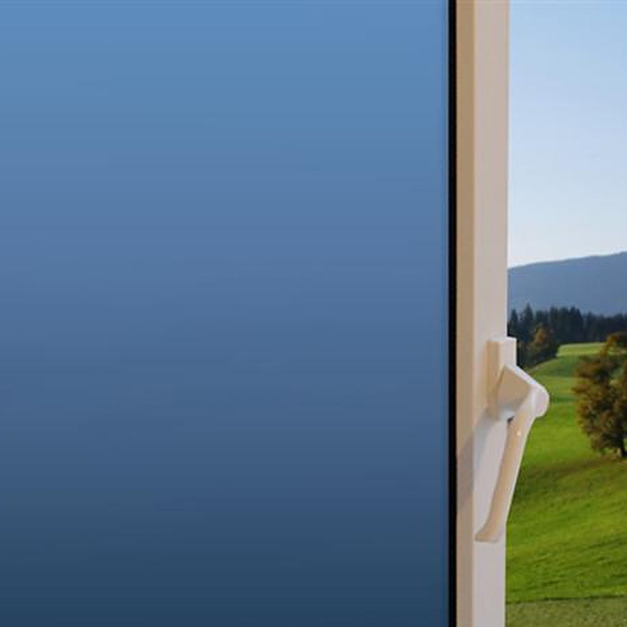 Blue Matte window film on a window, with clear glass beside it