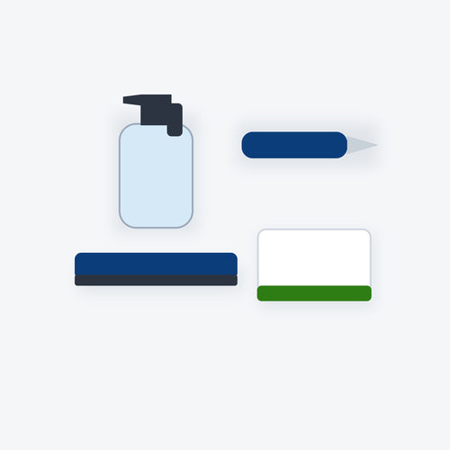 Illustration: car window tint installation tool kit (squeegee, hard card, knife, spray bottle)