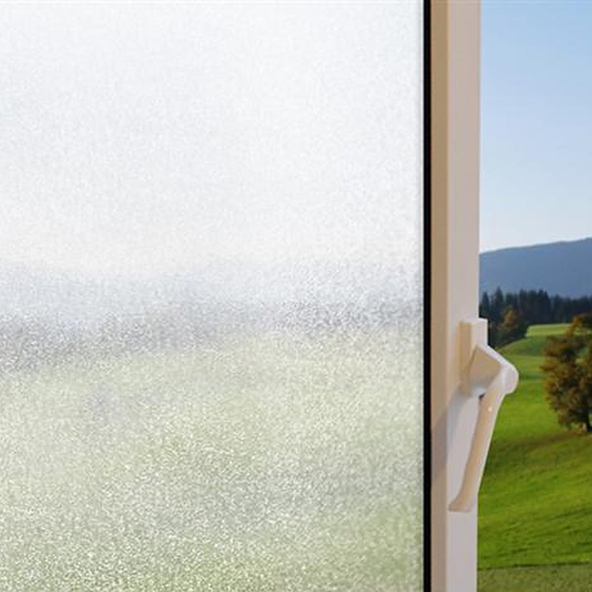 Clear Morning Ice window film on a window, with clear glass beside it
