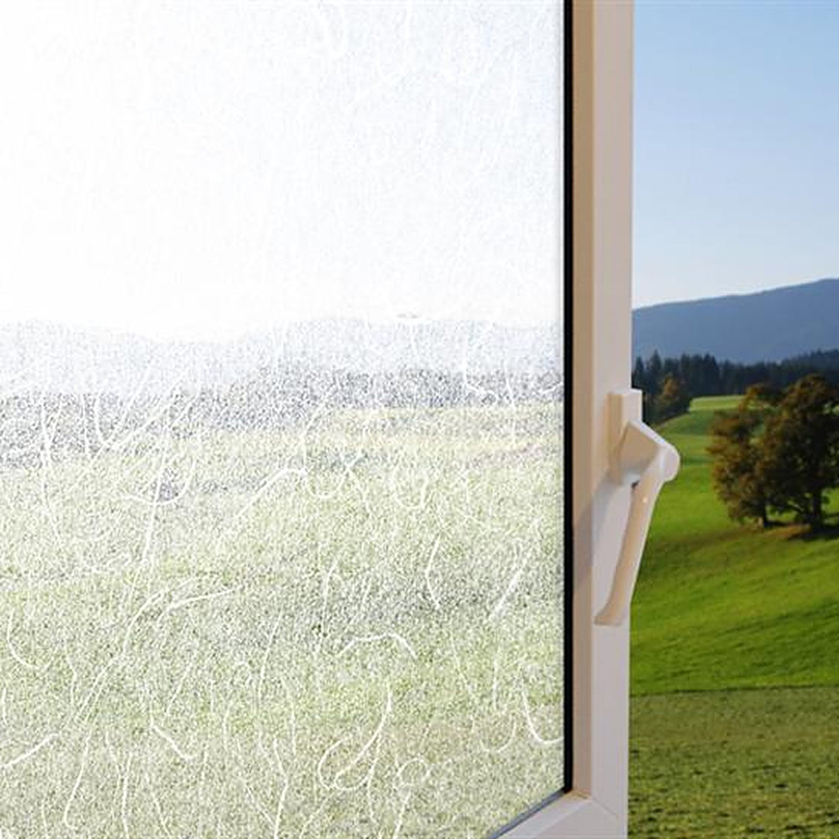 Rice Paper window film on a window, with clear glass beside it