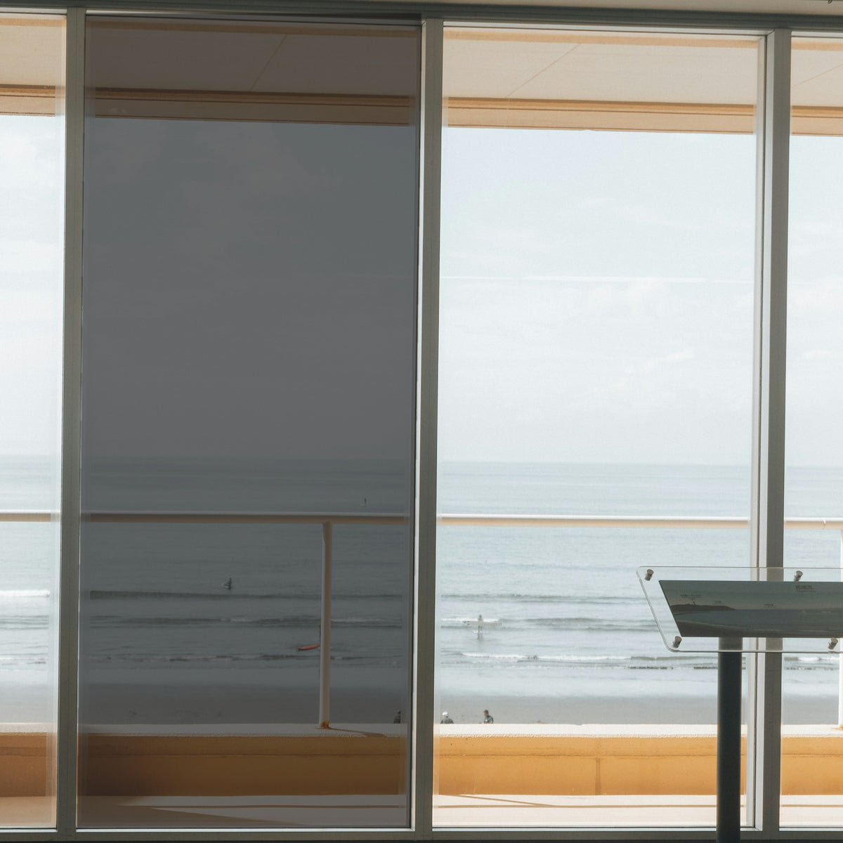 Simulated: Solar Gard Sentinel Plus Stainless Steel Exterior Window Film, Stainless Steel 15% Very Dark, on the left window panel next to clear glass