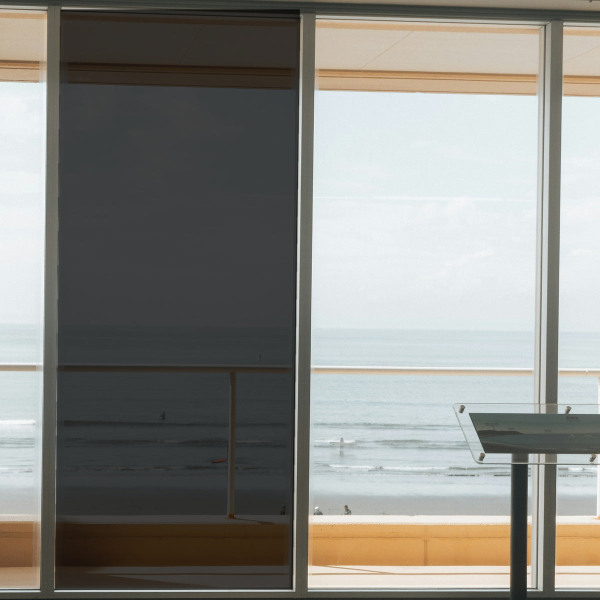 Simulated: Solar Gard TrueVue Window Film, TrueVue 5% Very Dark, on the left window panel next to clear glass