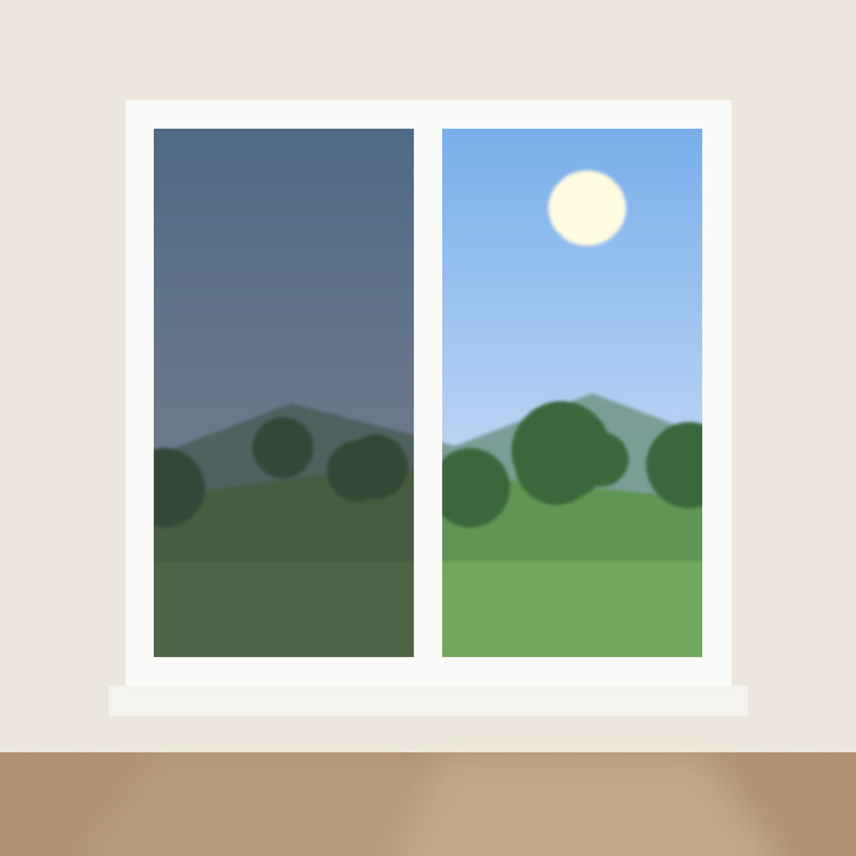 Illustration: Solar Gard TrueVue Window Film (TrueVue 30) on the left pane of a window, clear glass on the right