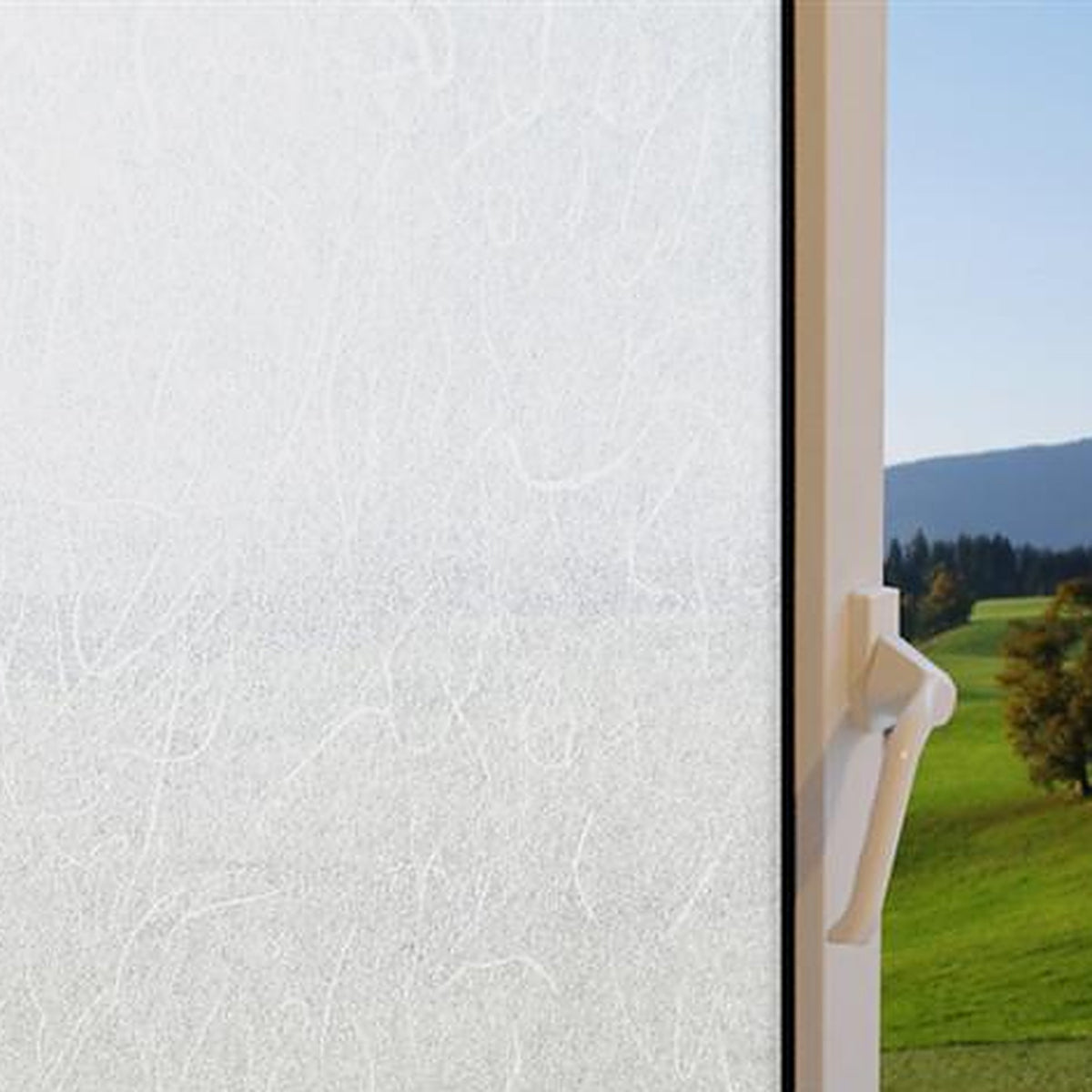 White Matte Rice Paper window film on a window, with clear glass beside it