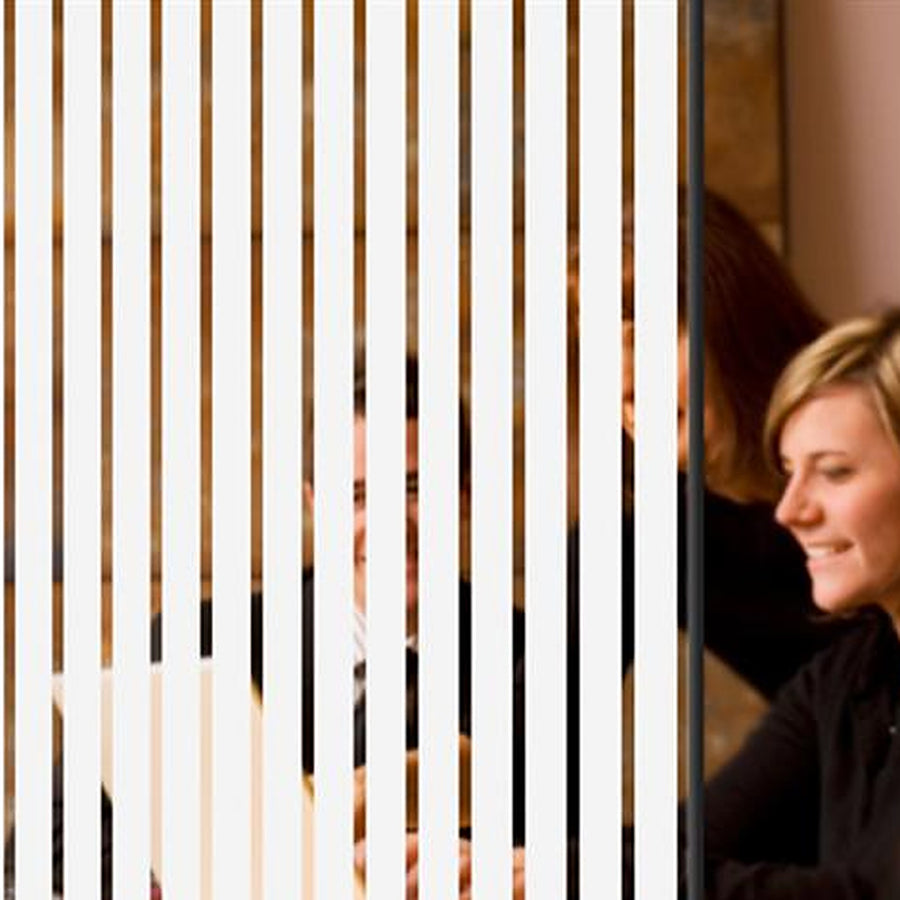 White Stripe 1 cm window film on a window, with clear glass beside it